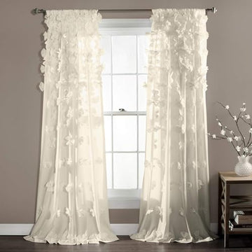 Lush Decor Riley Window Curtain Panel - Charming Handmade Bow Details - Elegant Light Filtering Single Curtain for Living Room, Dining Room, or Bedroom - 54" W x 84" L, Ivory