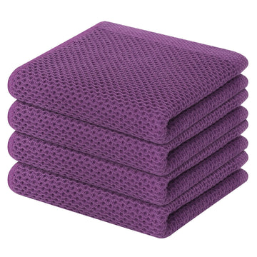 Homaxy 100% Cotton Waffle Weave Kitchen Dish Towels, Ultra Soft Absorbent Quick Drying Cleaning Towel, 13x28 Inches, 4-Pack, Purple