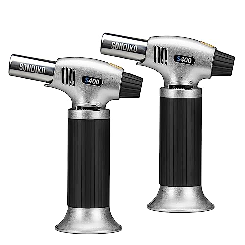 Sondiko Butane Torch S400 2 Pack, Refillable Kitchen Lighter, Fit All Butane Tanks Blow Torch with Safety Lock and Adjustable Flame for Desserts, Creme Brulee, and Baking