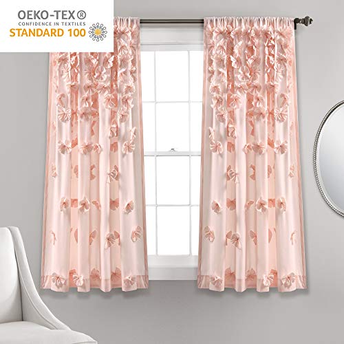 Lush Decor Riley Window Curtain Panel - Charming Handmade Bow Details - Elegant Light Filtering Single Curtain for Living Room, Dining Room, or Bedroom - 54" W x 63" L, Blush