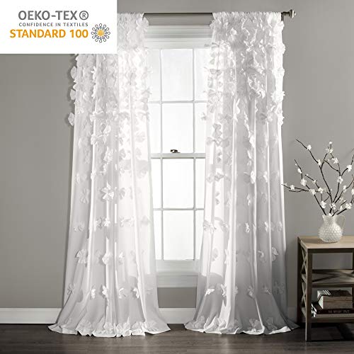 Lush Decor Riley Window Curtain Panel - Charming Handmade Bow Details - Elegant Light Filtering Single Curtain for Living Room, Dining Room, or Bedroom - 54" W x 95" L, White