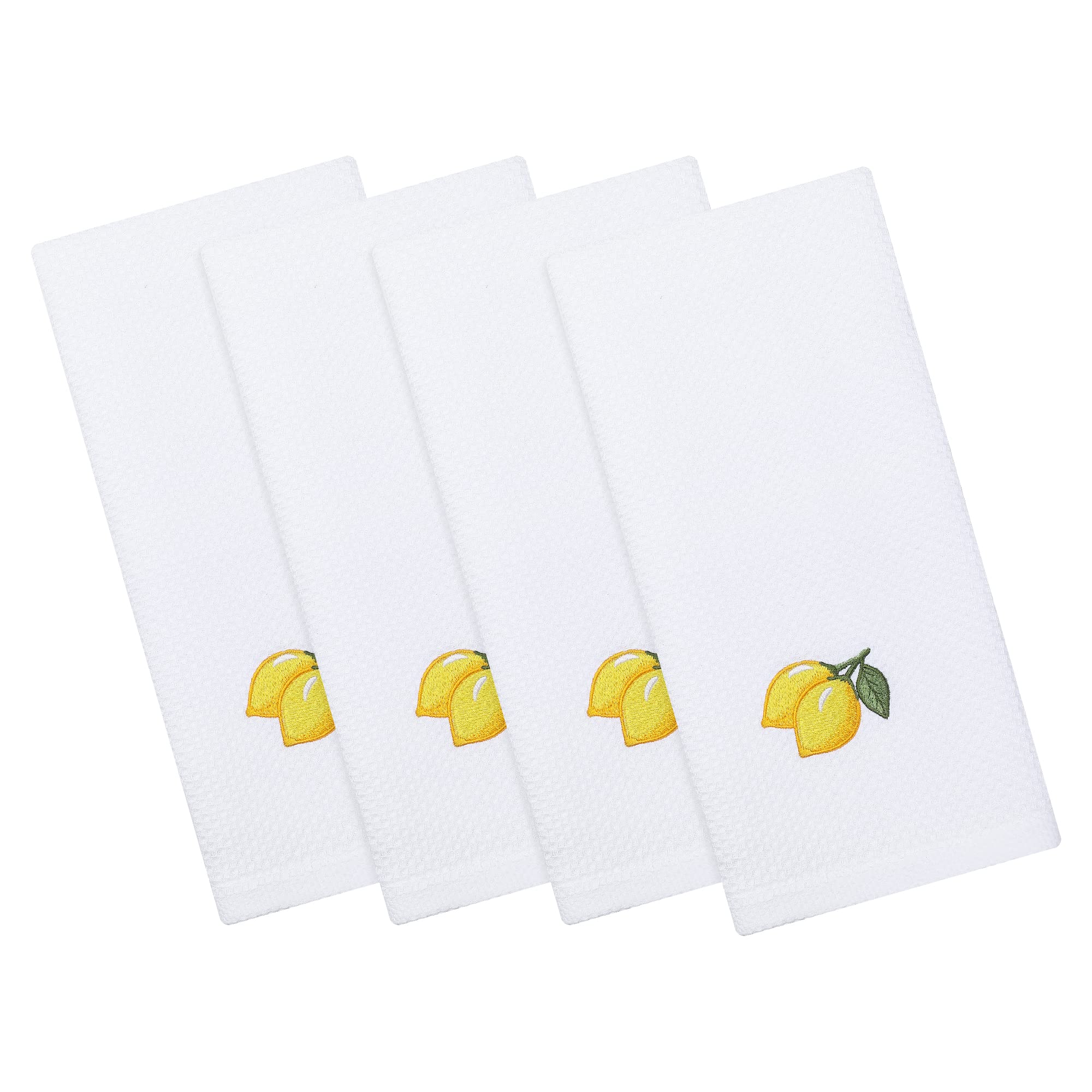 Homaxy 100% Cotton Waffle Weave Lemon Embroidery Kitchen Dish Towels, Ultra Soft Absorbent Quick Drying Cleaning Towel, 13 x 28 Inches, 4-Pack