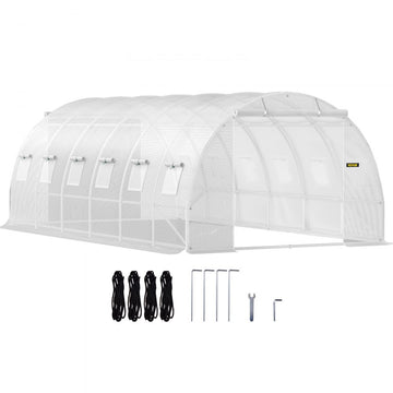 VEVOR Walk-in Tunnel Greenhouse, 20 x 10 x 7 ft Portable Plant Hot House w/ Galvanized Steel Hoops, 3 Top Beams, 4 Diagonal Poles, 2 Zippered Doors & 12 Roll-up Windows, White